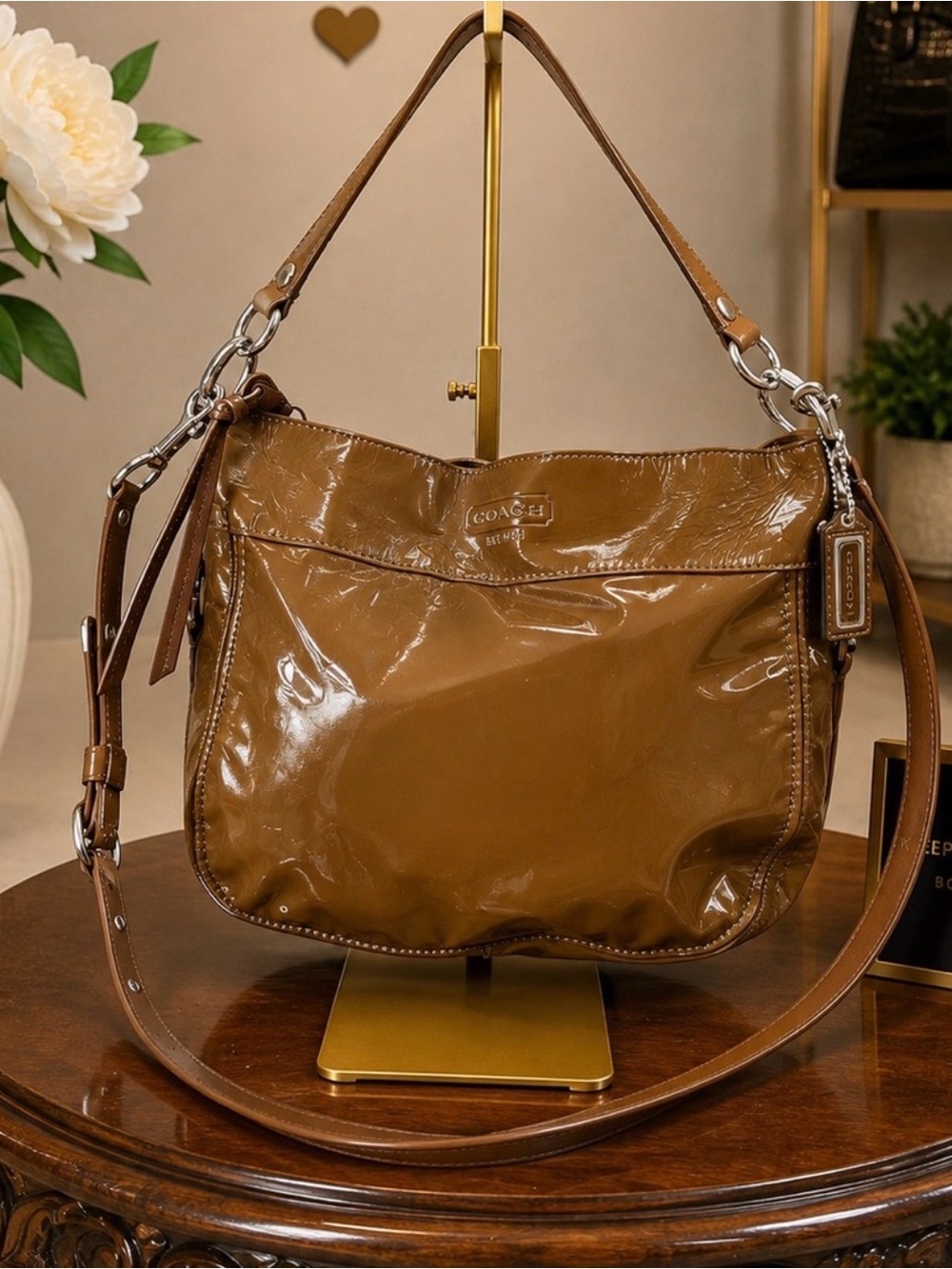 Coach Patent Leather Hobo Bag in Cognac Brown
